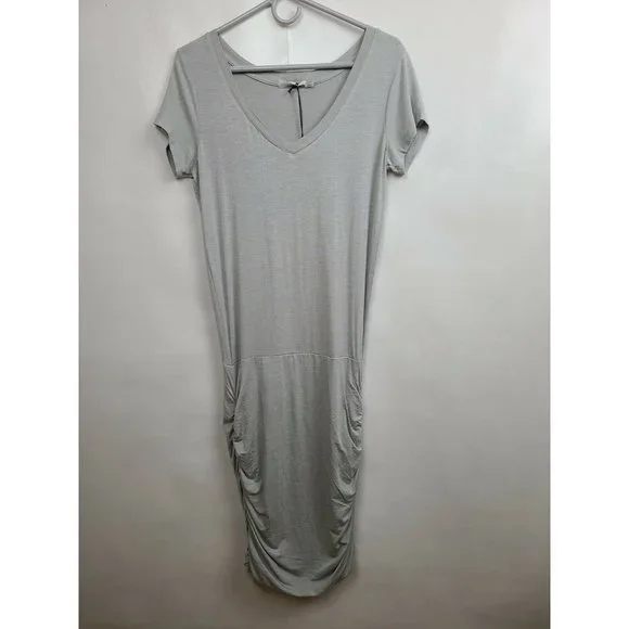 Prana Light Gray Ruched Fitted Jersey NEW Foundation Dress Size Small - Picture 2 of 8